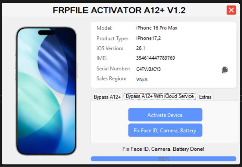 FRPFILE ACTIVATOR A12 + Bypass Hello Screen iPhone 11 to 16 Pro Max - IPad A12+ To M3 (iOS 26.0 to iOS 26.1) With iCloud· Service, Notification